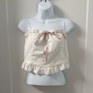 Cream Ruffle Strapless Top with Pink Ribbon